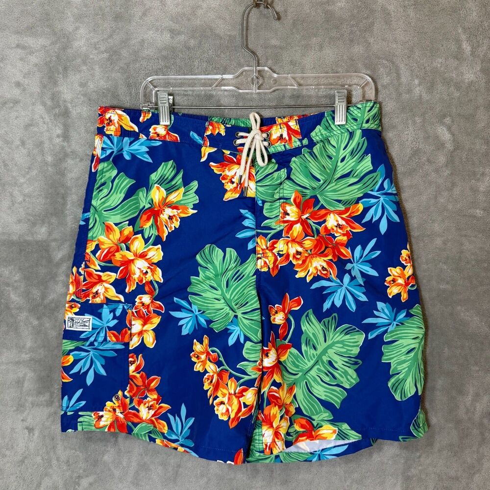 Polo Ralph Lauren Men's XL Blue Tropical Floral Shorts Lined Cargo Swim Swimwear